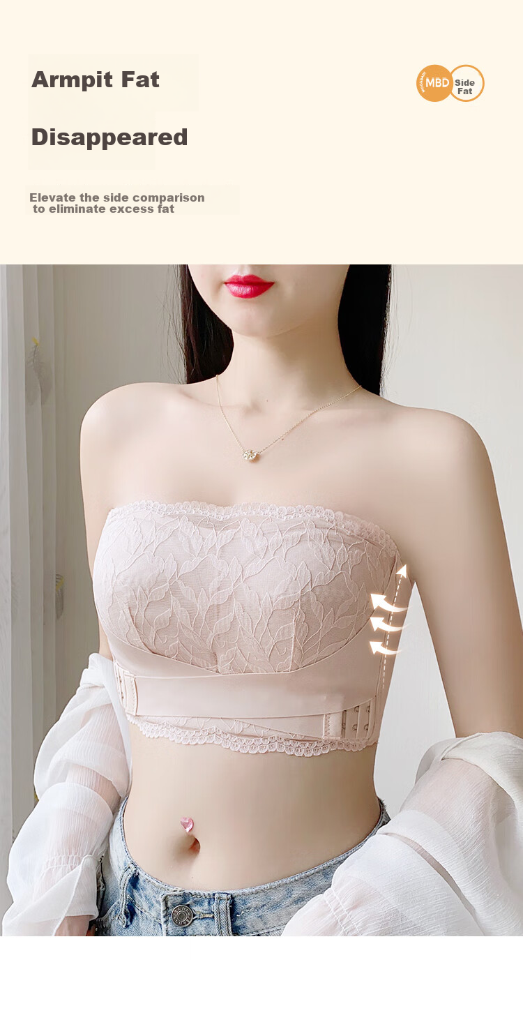 Moonbadi Women's Bra, Minimizing for Large Breasts, Strapless Bandeau, Non-Slip, Wireless, Lace, Push-Up, Side Support Bra 8