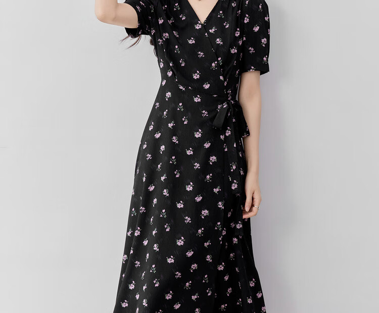 Shangdu Bila V-Neck Short Sleeve Printed Dress Women Summer Waist Slimming Tea Break Floral Elegant Commuter Mid-Length Dress 21