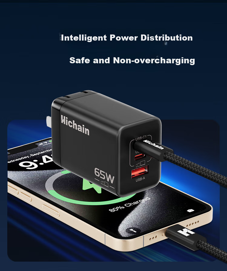 Hichain And Chang 65W GaN Charger, Type-C Multi-Port Fast Charging Head, Compatible with PD45W Charging Head, Suitable for Apple 18, Huawei, Xiaomi Phones, Tablets, Mac Laptops 14