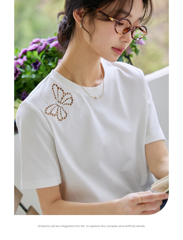 Vimly Butterfly Hollow Embroidery Cotton Short Sleeve T-Shirt Women Summer New Loose Fit Casual Round Neck Top Cloud White L 21
