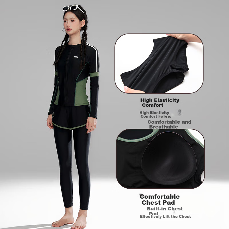 Sanqi Women's Long-Sleeve And Long-Pants Two-Piece Swimsuit Set, Five Pieces, Surfing Suit, Snorkeling Wetsuit, Plus Size, Conservative Hot Spring Swimwear, 2XL