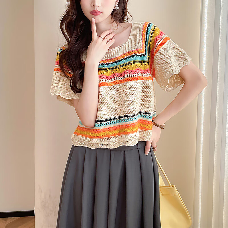 Tangshi 2026 Fashionable Youthful Casual Colorful Striped Women's Short Sleeve Pullover Sweater