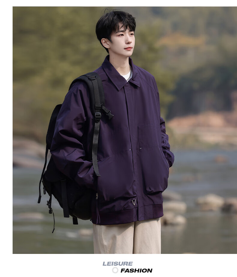 IZEXX Lapel Jacket for Men, Autumn Baen Style Trendy Casual Outerwear, Loose Fit Youth Jacket HZ10 Amber Black M 10