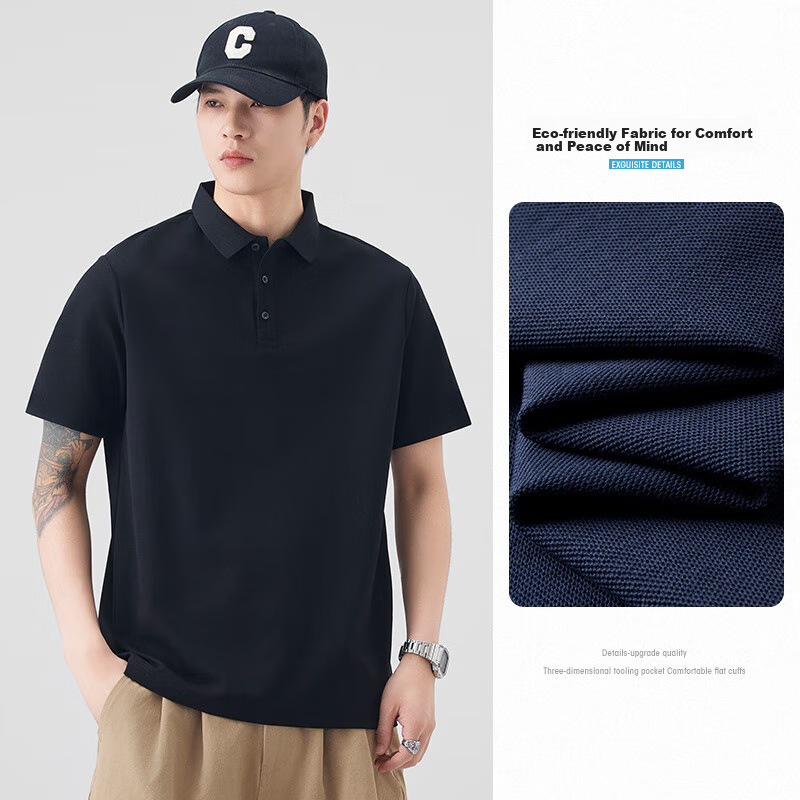 Dingfengbaoluo American Heavyweight POLO Shirt for Men, Spring And Summer Collared Comfortable Breathable Short-Sleeve T-Shirt QZ20 Black 2XL