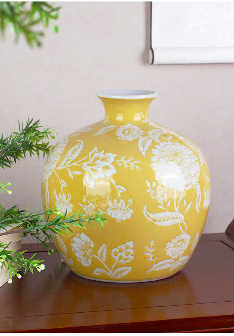 Qiju Yaji New Chinese Style Ceramic Vase Living Room Entrance Decoration New Year Gift Light Blue Floral Bird Radish Vase 15 Inch 30013 3