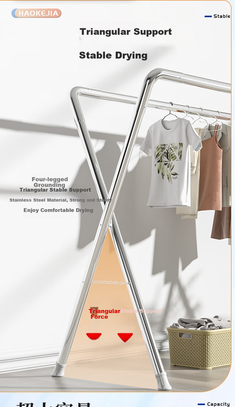 HKG (Hong Kong International Airport) Clothes Drying Rack, Four-Rod Floor-Standing Foldable Indoor And Outdoor Household Balcony Bedroom Thickened Stainless Steel Drying Rod for Clothes And Quilts 2