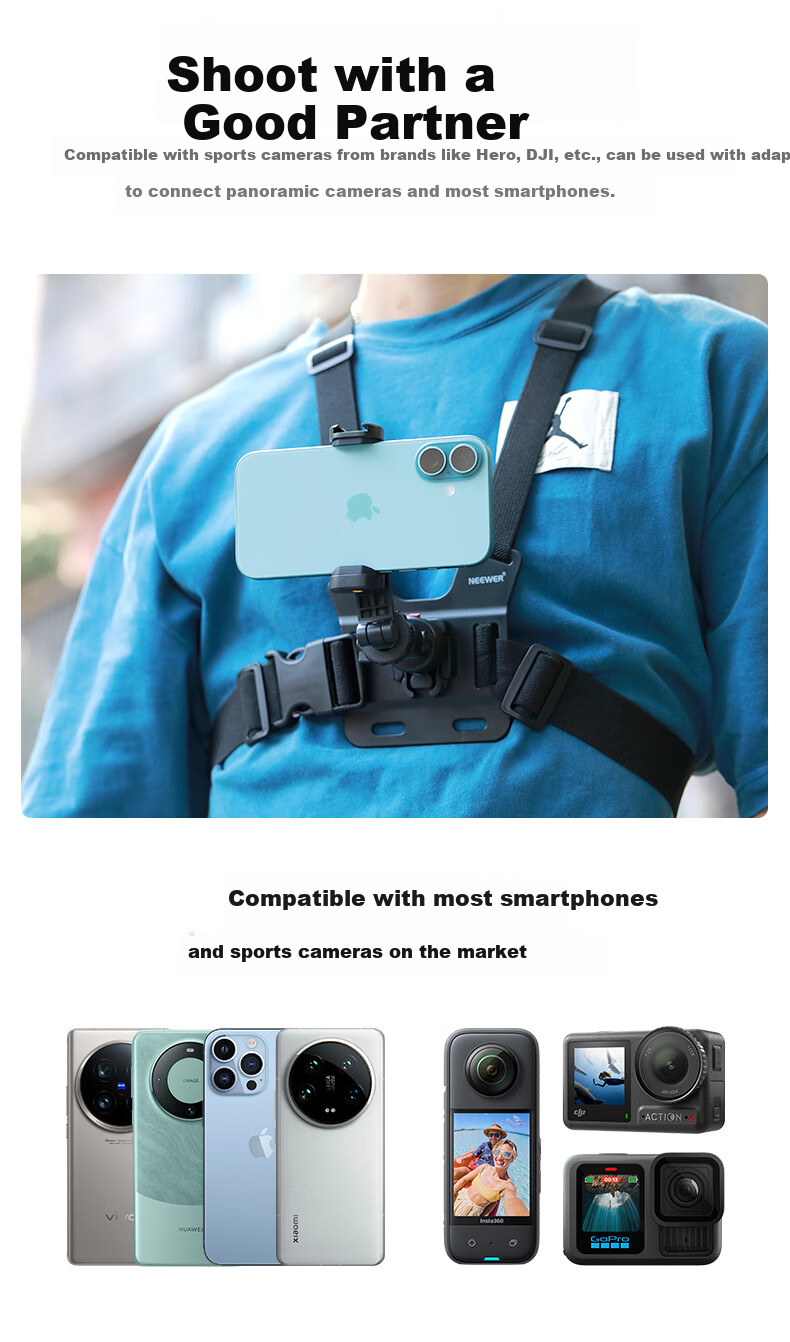 NEEWER Action Camera Vest Strap Compatible with DJI GoPro Insta360 Chest Mount Quick Release Bracket for Phone Outdoor Cycling Photography Accessory 5