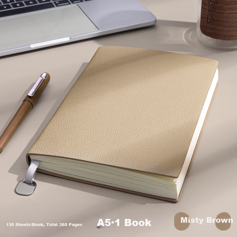 Sijinianhua A5 Notebook, Thickened, Soft Cover, Business Style, Simple And Minimalist, Instagram-Inspired, Student Meeting Record Book, Wholesale, Postgraduate Exam Diary, Extra Thick Leather Cover, A5·Misty Brown·1 Book