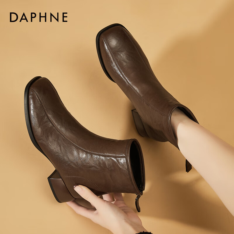 DAPHNE Women's Brown Ankle Boots, Chunky Mid-Heel, British Style, Autumn Winter New, Size 36