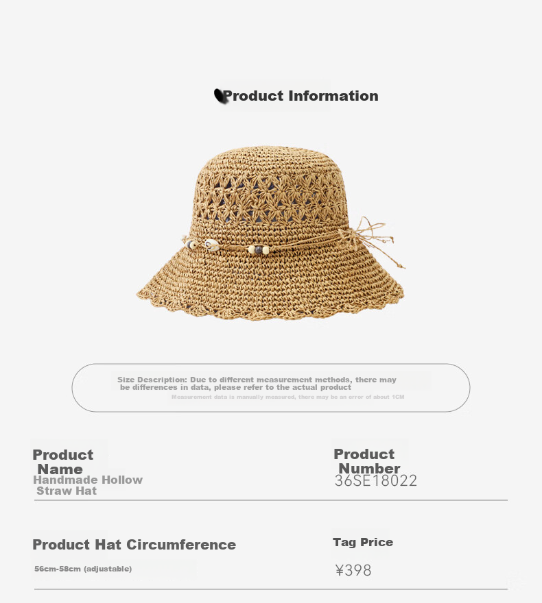 ELLE Straw Hat, Elegant Hollow Sun Protection Hat, Beach Sun Hat, Lyocell, Gift for Girlfriend 55