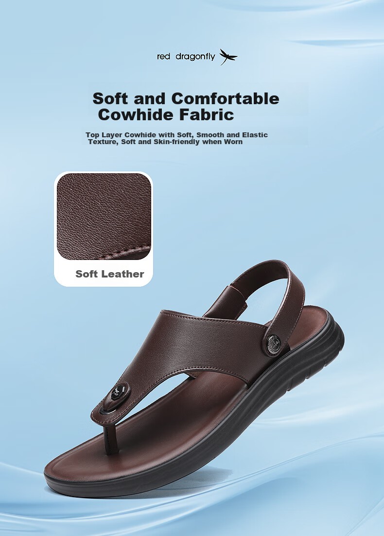 RED DRAGONFLY Leather Sandals for Men, Summer Breathable Thong Sandals, Cowhide Beach Shoes for Men, WLT240141, Black, Size 38 2