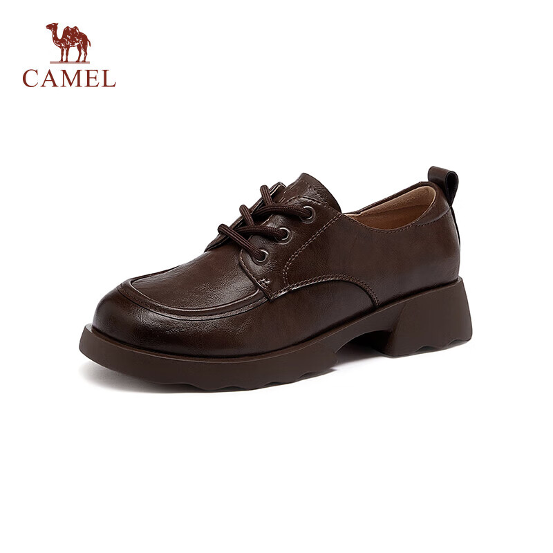 CAMEL Women's Casual Low-Cut Leather Shoes, Chunky Heel, Brown, Size 36, Model L25A504078