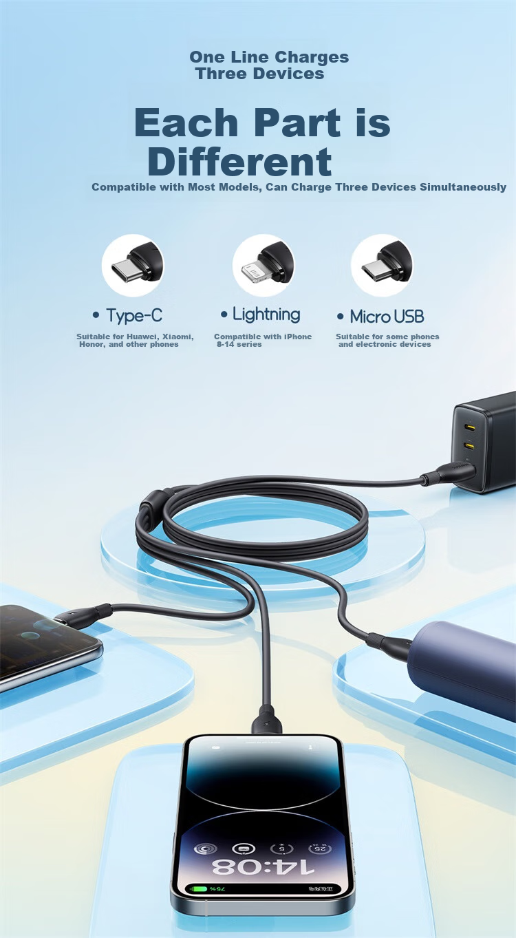 Baseus Apple 16/15 Charging Cable, Three-In Data Cable, Fast Charging 3.5A, Multi-Function Type-C Cable for Huawei Xiaomi Phones And Car Use, Moonlight White, 1.2 Meters 6