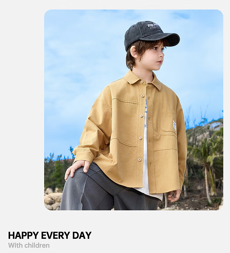 ASK JUNIOR Pure Cotton Children's Shirt 2026 Spring Lapel Long Sleeve Boys Shirt Jacket for Older Kids and Teens 14