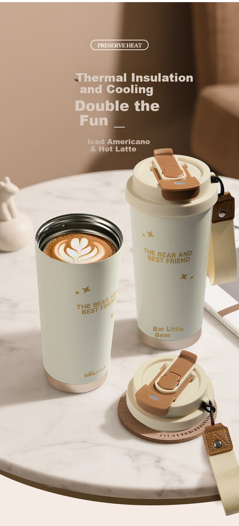 Bear Insulated Mug Coffee Cup 316L Stainless Steel Dual-Use High-End Water Bottle for Men And Women Silver 350ml Gift 7