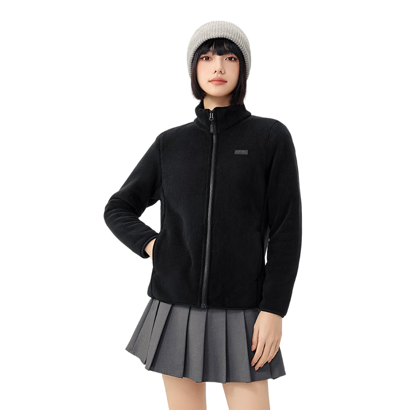 Snow Flying Women's Fleece-Lined Casual Fashion Windproof Stand Collar Polar Fleece Jacket Black Fleece-Lined 3XL