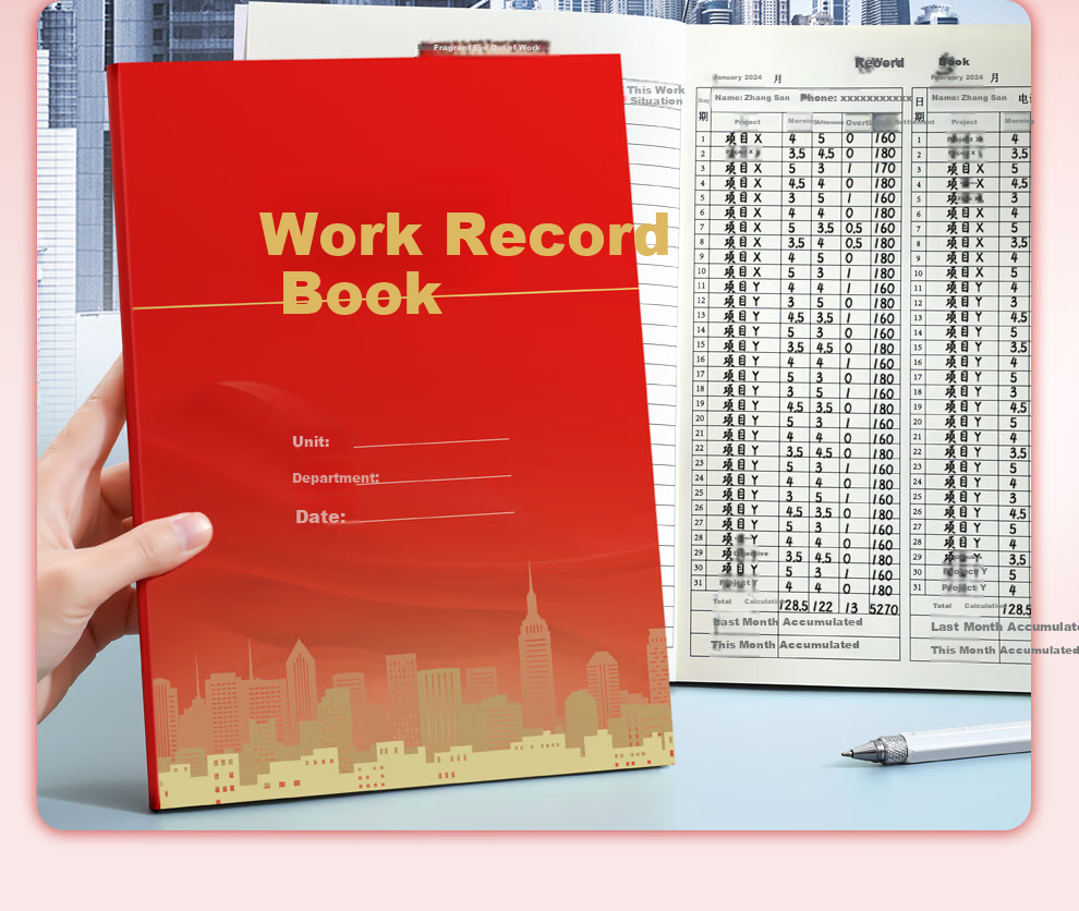 Longe Employee Time Record Book, 31 Days 2026 New Model, Worker Record Form B5 Large Size, Personal Construction Site Registration Book with Date, Large Grid, Customizable 7