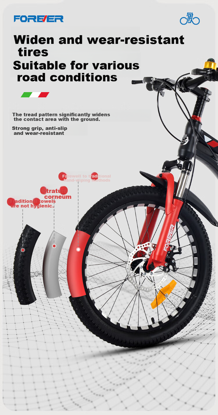 FOREVER Children's Bicycle, Variable Speed Mountain Bike for Primary And Secondary School Students, Boys And Girls Aged 6-15, Racing Bike for Teenagers, Black And Red, 22 Inches 19