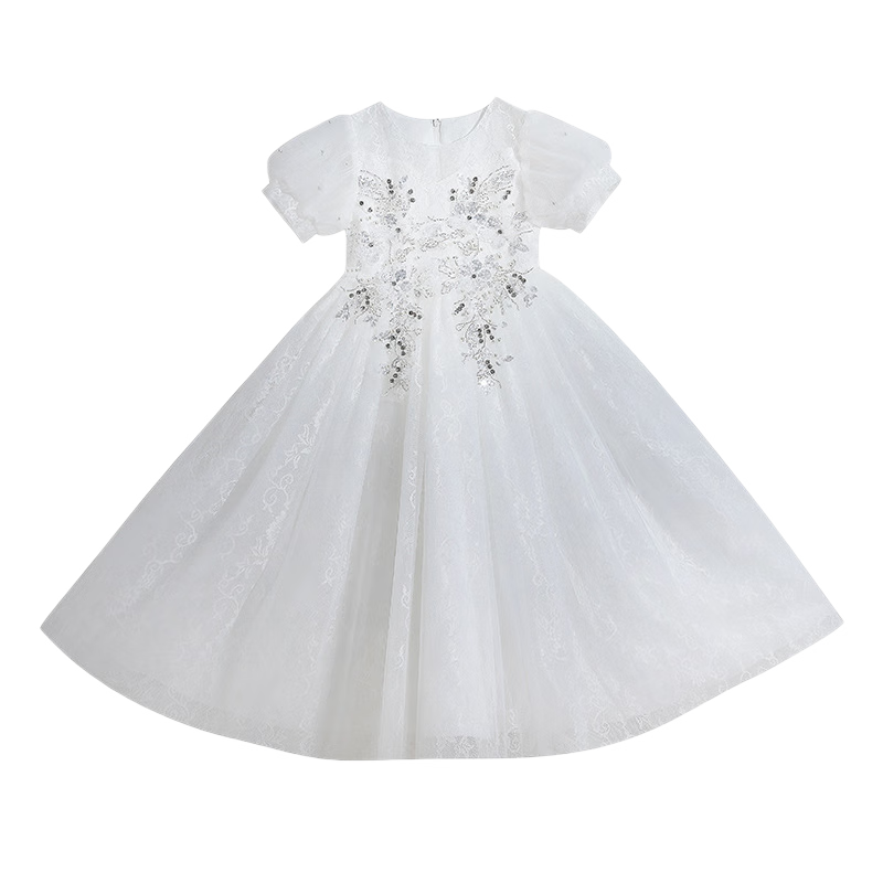 LUOBOBEIBEI Girls' Formal Dress, Children's Princess Dress, Wedding Dress, Runway Costume, Piano Performance Dress, New Year's Greeting Outfit, White, Size 120