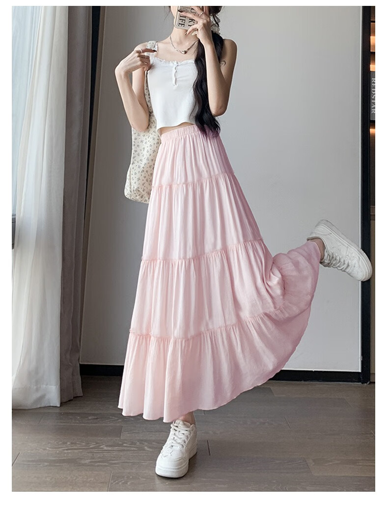 Jeanswest Women's Summer High-Waist Slimming Versatile Loose Peach Blossom Wrinkle Cake Skirt White M 23