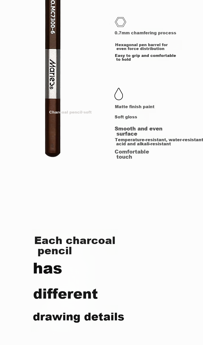 Marie's Charcoal Pencils Neutral Sketch Pencils 10-Pack Soft and Hard Carbon Pencils for Art Drawing, Student Beginner Exam Sketching Markers 6