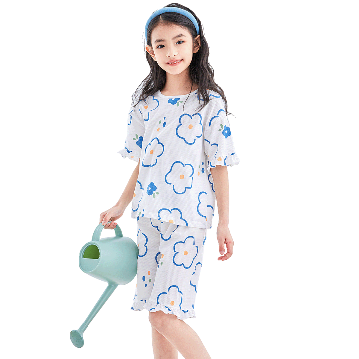DEESHA [7A Antibacterial Cotton Mesh Jacquard] Girls' Lightweight Short-Sleeve Pajamas, Soft Cotton Skin-Friendly Air Conditioning Wear