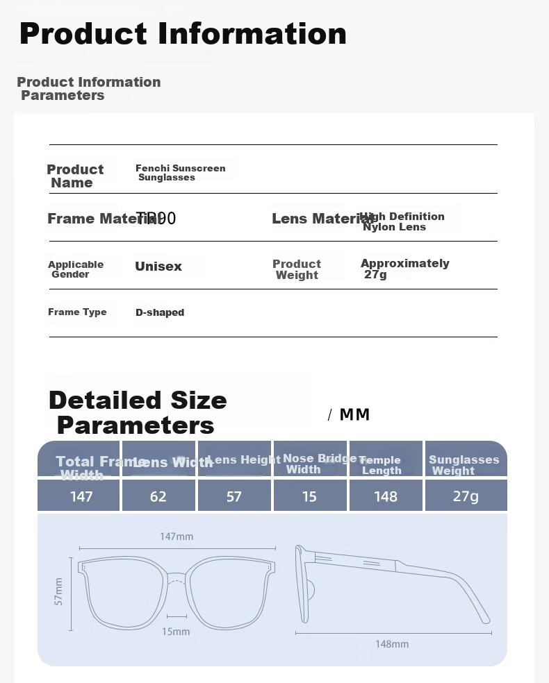 FENCHI GM Sunglasses for Women, 2025 Summer High-End Ins Style Men's Sunglasses, Black Frame with Gray Lenses [High-Definition Version], Qixi Festival 18