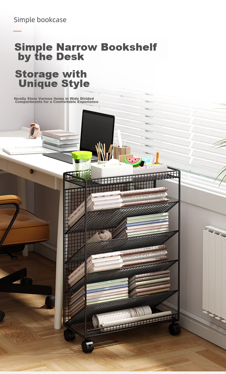DSRAWMYT Bookshelf, Floor-Standing Storage Rack, Movable Wheeled Bookshelf for Desk Side, Simple Bookcase for Classroom Desk 1