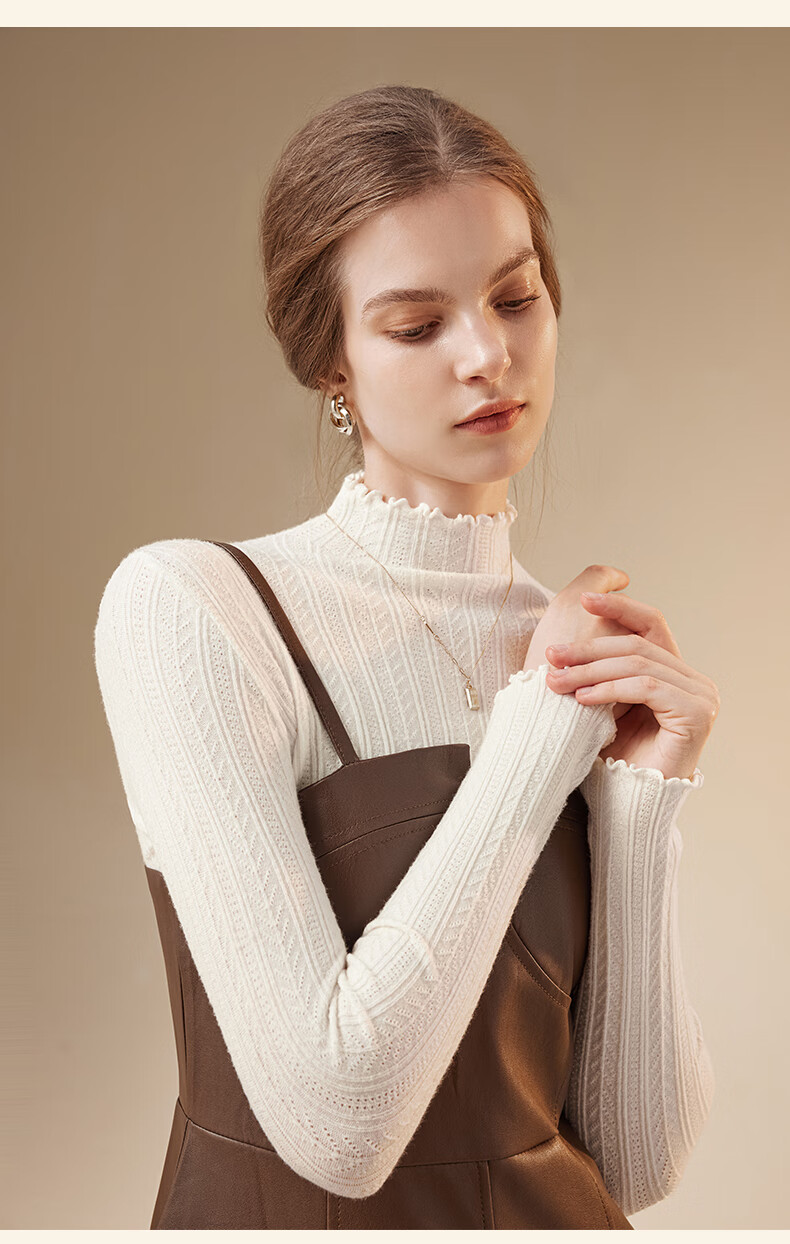 MiiOW White Autumn Winter New Women's Base Shirt Semi-High Neck Ruffled Knit Mid-Neck Premium Warm Top 2