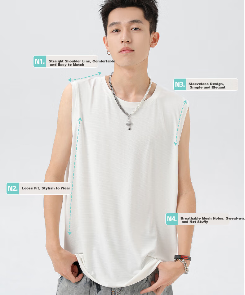 GENIOLAMODE Men's Tank Top, Summer Ice Silk Cool-Feeling Quick-Dry Breathable Running Sports Sweat-Wicking Versatile Sleeveless T-Shirt, White, M 8