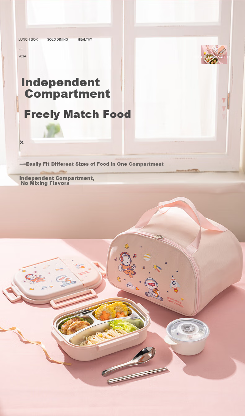 Guangyi 316 Stainless Steel Lunch Box for Elementary School Students And Office Workers, 3-Compartment Bento Box with Utensils And Soup Bowl + Bag GY7406 4