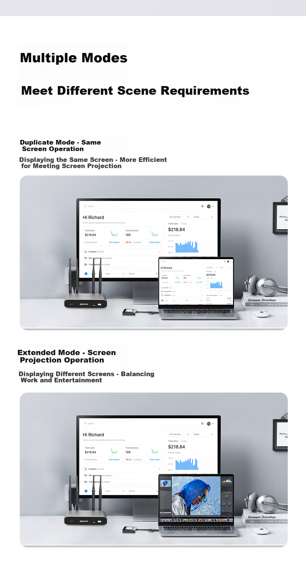 BOEGAM Wireless Screen Mirroring Device for Large TVs And Projectors, Compatible with Smartphones, Tablets, And Computers for Screen Casting, BYOM Application, One Transmitter One Receiver BGOR1000 11