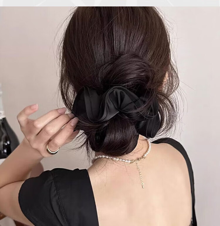 Liqing Satin Ruffle Hair Tie, Elastic Band, Hair Scrunchie, Internet Celebrity Style Hair Bun Maker, Women's Black Hair Accessory 4