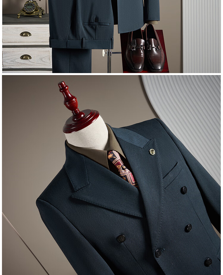 ROMON Men's Wool Suit Set Business Wedding Formalwear Brown Coffee M (Blazer + Vest + Trousers) 15