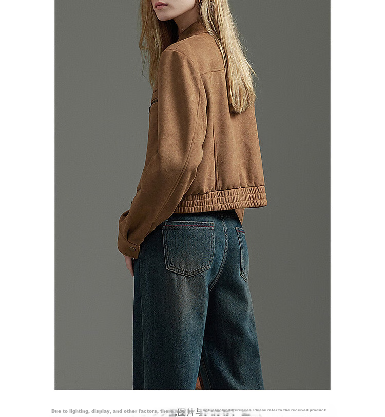 Dme [Wake Up Wild] Autumn Motorcycle Style Stand Collar Faux Suede with Split Line Elastic Hem Jacket for Women, Short Style 10