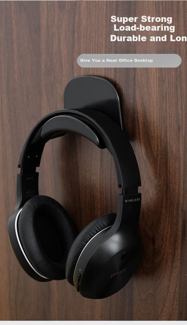 Dipuer No-Drill Headphone Stand, Over-Ear Headphone Storage Hook, New ABS Material Fixed Seamless Adhesive Dormitory Hook, Black, 2-Pack 6