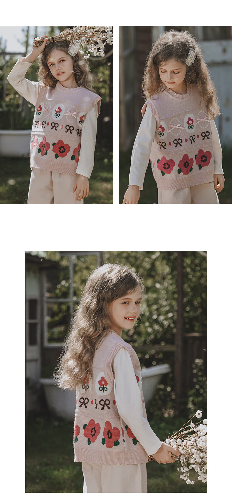 MOMOCO Girls' Vest Jacket Inner Wear Base Layer Outer Wear Stylish Sweet Cartoon Knitted Vest, White Apricot Color, Size 105 13