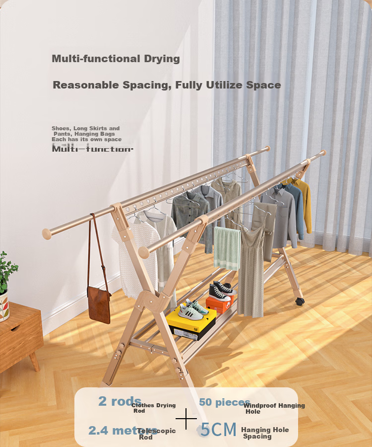 HKG Folding Aluminum Alloy Clothes Drying Rack, Extendable Indoor Balcony Household Clothes And Quilt Drying Stand 2