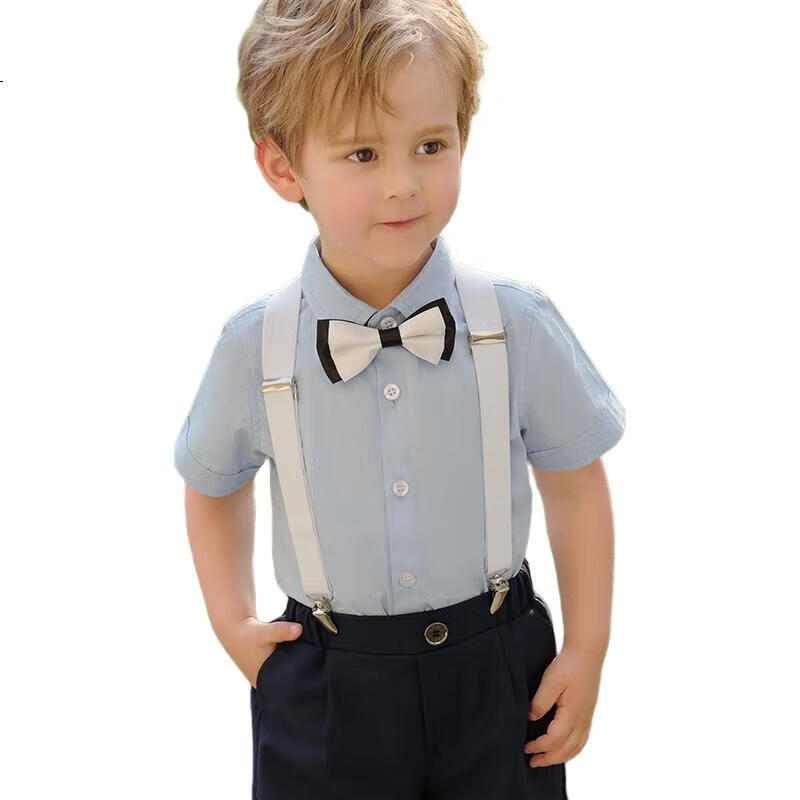 LUOBOBEIBEI Children's Summer Short-Sleeve Shirt And Suspender Shorts Set, Boys' Performance Formal Wear, Navy Blue Four-Piece Set, Size 120