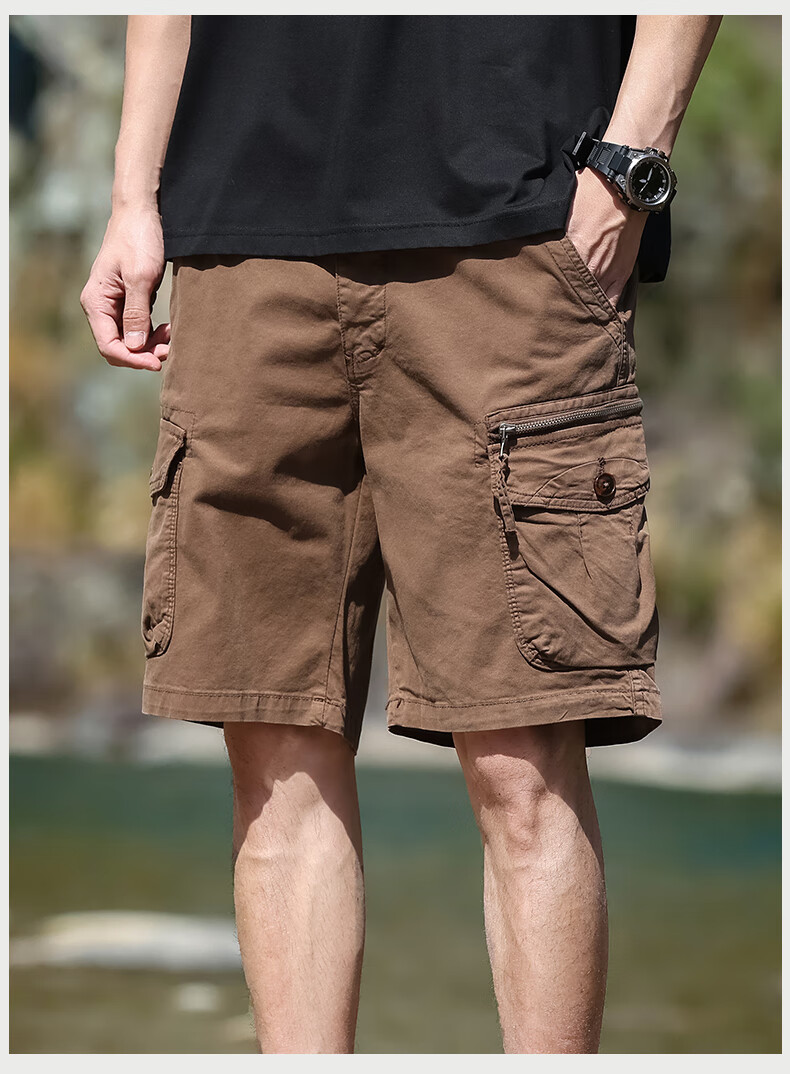 EASTERN CAMEL Men's Cargo Shorts, Casual Five-Point Pants, Spring And Summer Mid-Length Pants, Thin Style, Large Pocket Trousers, Khaki, Size 29 16