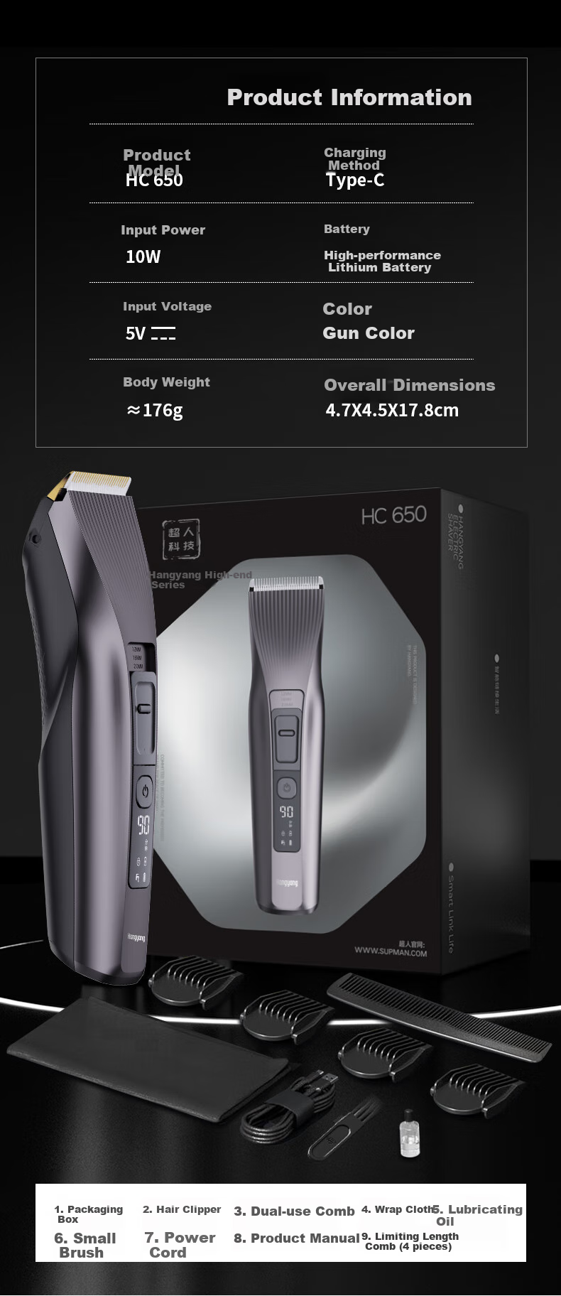 SID Hangyang High-End Series Hair Clipper, Electric Hair Cutting Tool with Smart Digital Display, for Adults, Children And Infants, Fully Washable Electric Trimmer, Hair Cutting Tool HC650 8