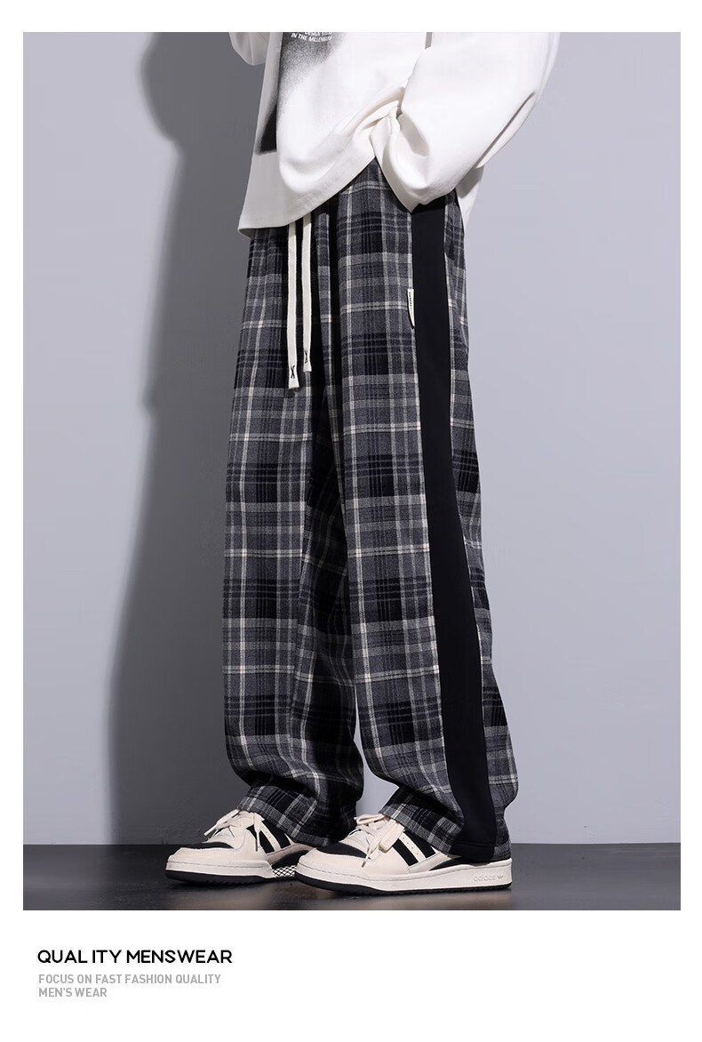 IZEXX Men's Plaid Pants, Summer American Straight Wide-Leg Loose Versatile Casual Pants, Sporty Retro Style ZL27 Gray L 17
