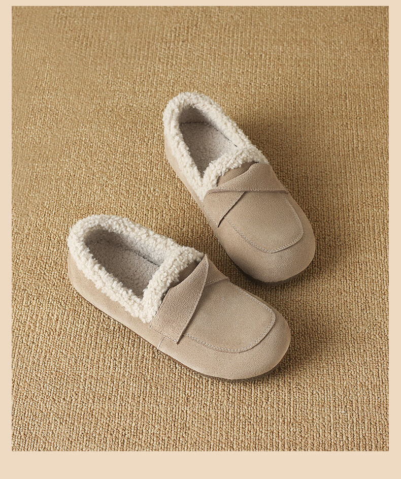 ZHR Bokeng Women's Shoes, 2025 Winter New Style, Fleece-Lined Loafers, Women's Flat Cotton Shoes, Maternity Shoes, EH116B, Khaki, Size 39 18