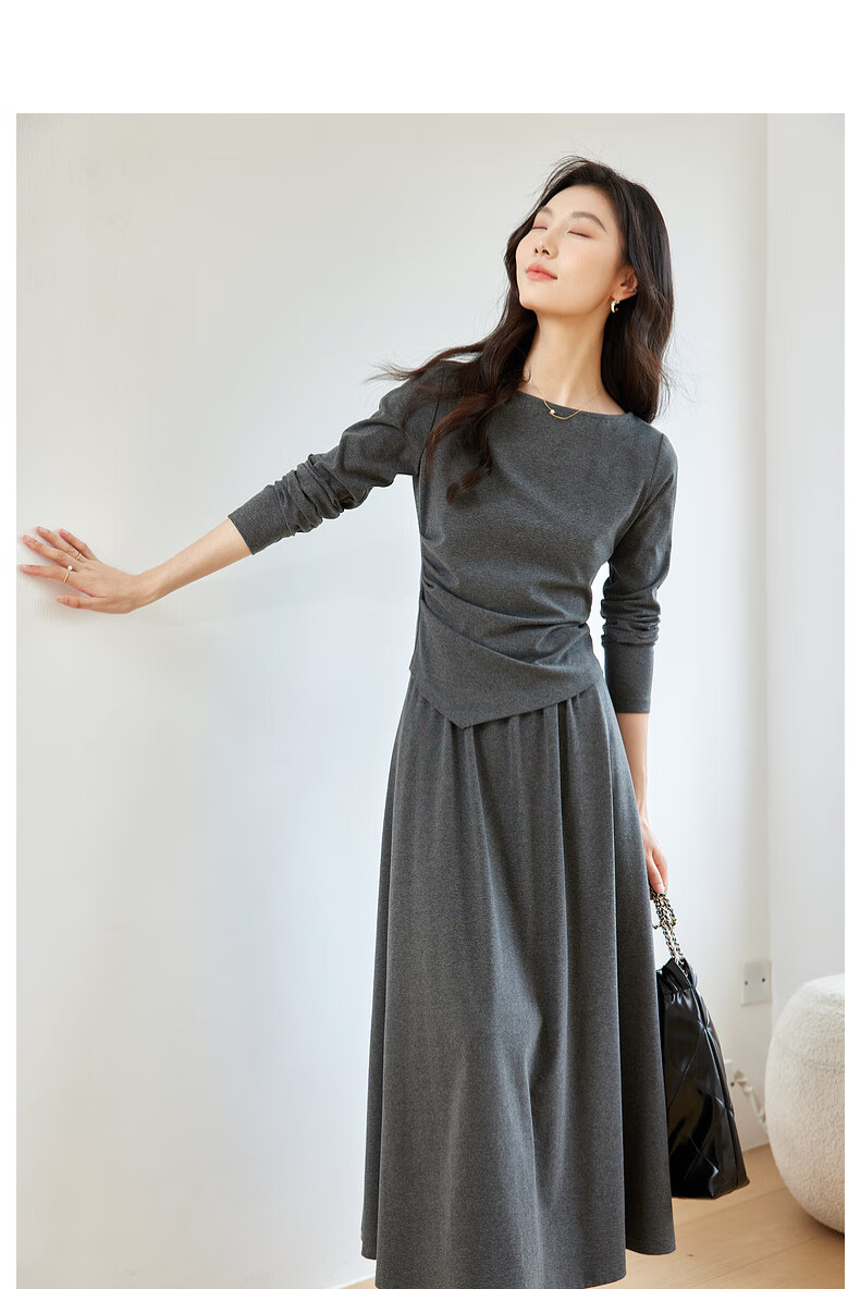 Fansiman Korean Style Premium Commuter Suit Dress for Women Autumn New Top and Skirt Set Deep Floral Gray L 9