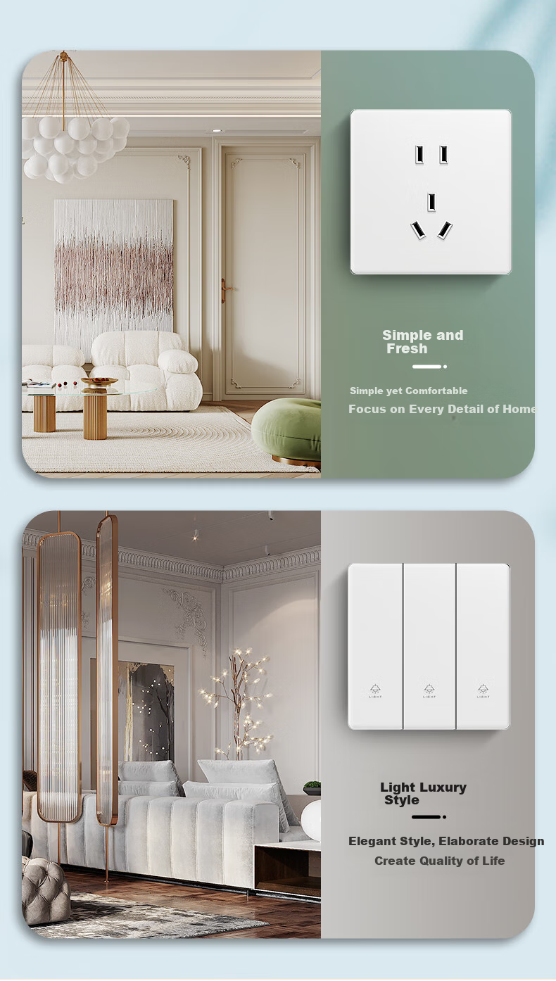 International Electrical White Matte Skin-Feel Tempered Glass Switch Socket Panel, 86-Type Household Wall-Mounted Single Switch with Five Holes, Five-Hole Socket 14
