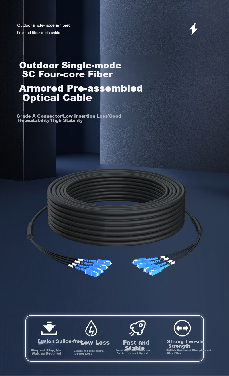 BOSENDE Outdoor Single-Mode Armored Finished Optical Cable, 200 Meters, 4-Core SC Telecom-Grade Two-Core Fiber Optic Patch Cord, Indoor Fiber Optic Outdoor Aerial Non-Fusion Splice, BSD-4X8T 2