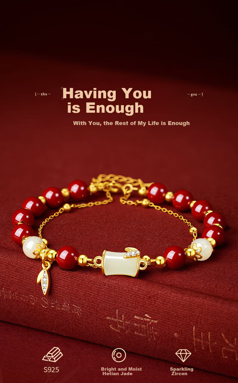 Zhenshangyin Chinese Gold Hetian Jade Bamboo Joint Cinnabar Bracelet Silver Necklace Women's Jewelry Birthday Gift for Girlfriend Wife S925 1