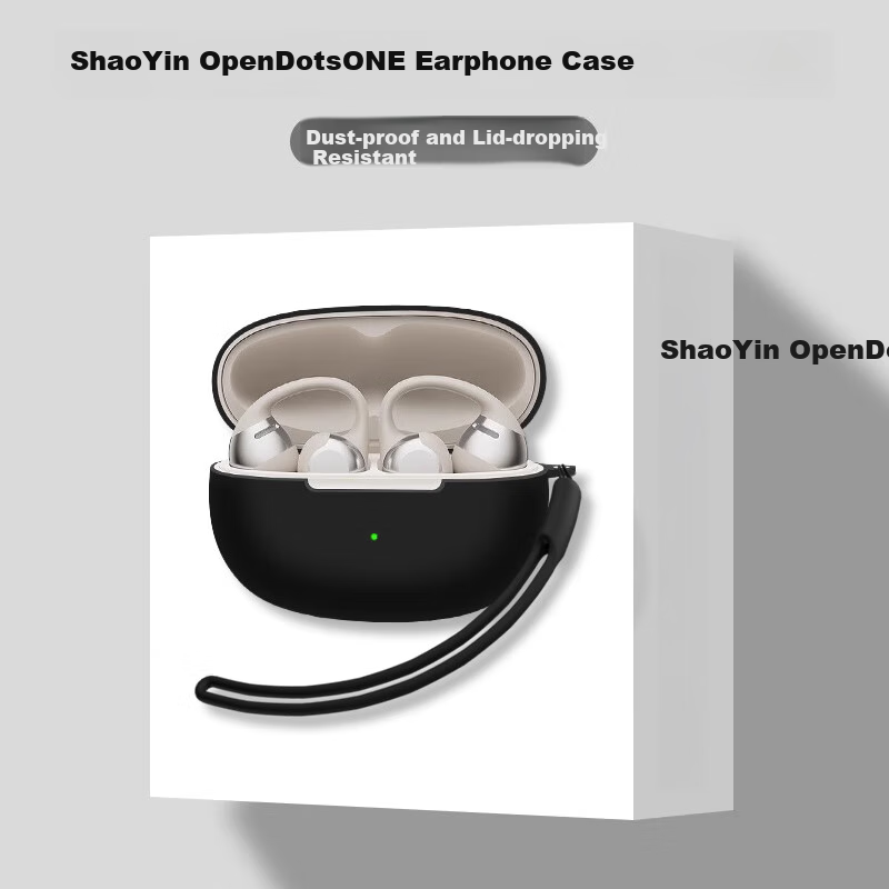 ESCASE Compatible with OpenDots ONE Protective Case for Bluetooth Earphones, Storage Box, Liquid Silicone Soft Shell, Full Coverage Anti-Drop Ultra-Thin Protective Outer Case, Black with Silicone Lanyard