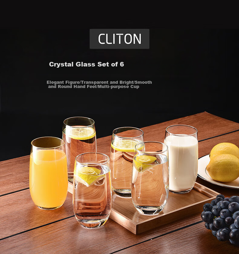 CLITON Glass Water Cups, Home Tea Cups, Milk Cups, Juice And Beverage Cups, Office Water Cup Set, 375ml, Set of 6 1