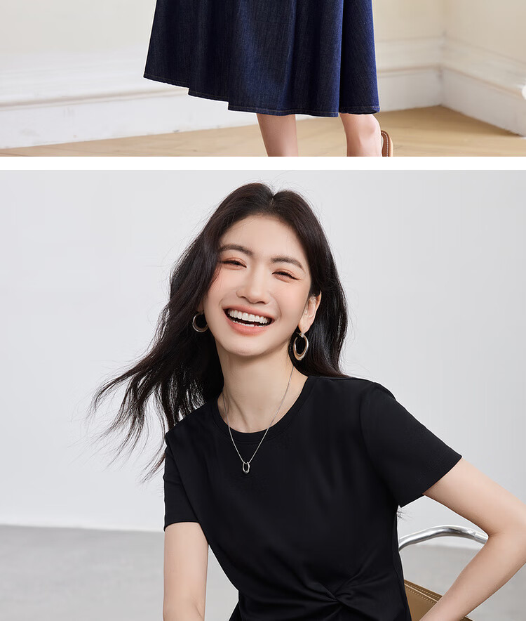 Shangdu Bila Slim Fit Slimming Pure Cotton T-Shirt Women Summer Design Irregular Short Sleeve Elegant Top Black S 17